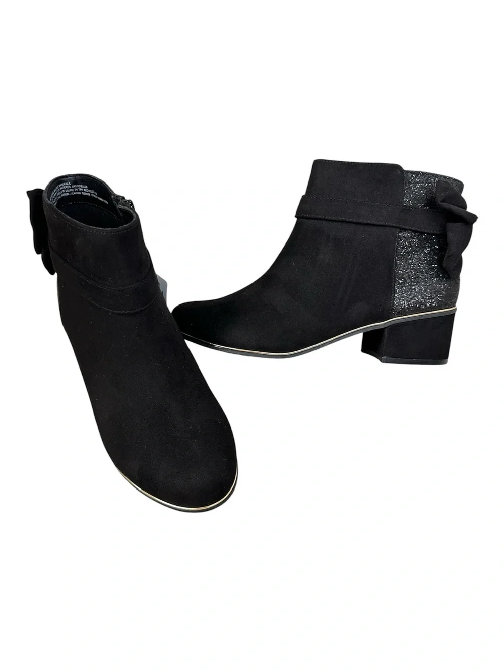THE CHILDREN’S PLACE Girls Black Suede Glitter Gold Trim Bow Boots Size 6 NWT